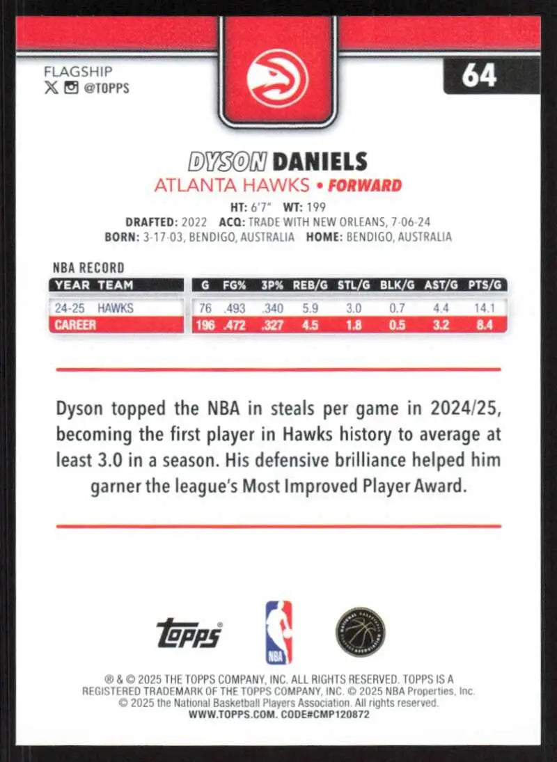 2025-26 Topps #64 Dyson Daniels NM-MT Atlanta Hawks Basketball Card - Basketball Card Single