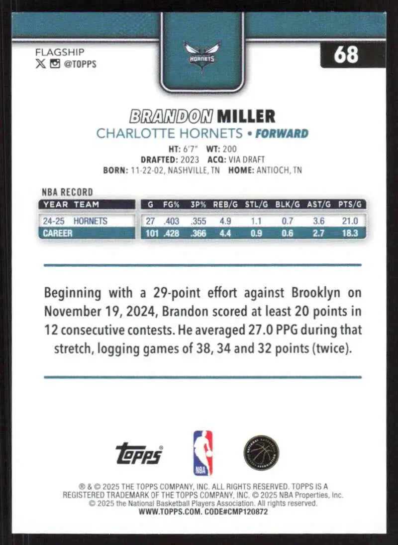2025-26 Topps #68 Brandon Miller NM-MT Charlotte Hornets Basketball Card - Basketball Card Single