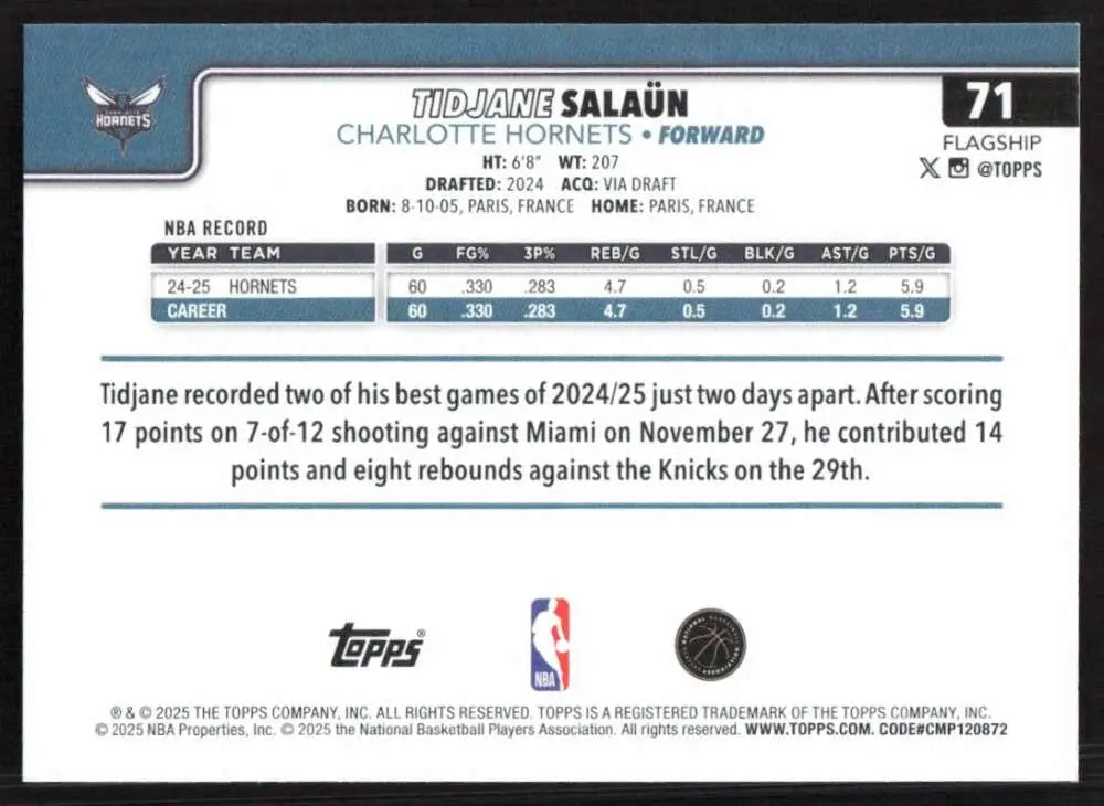 2025-26 Topps #71 Tidjane Salaun NM-MT Charlotte Hornets Basketball Card - Basketball Card Single