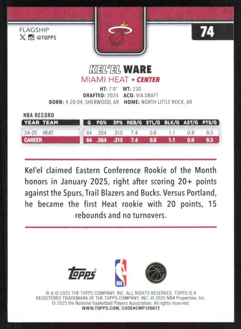 2025-26 Topps #74 Kel’el Ware NM-MT Miami Heat Basketball Card - Basketball Card Single