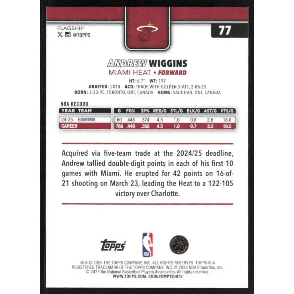 2025-26 Topps #77 Andrew Wiggins NM-MT Miami Heat Basketball Card - Basketball Card Single