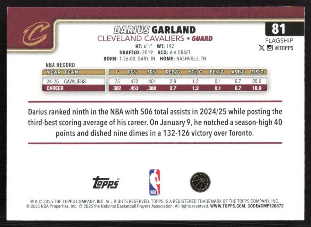 2025-26 Topps #81 Darius Garland NM-MT Cleveland Cavaliers Basketball Card - Basketball Card Single