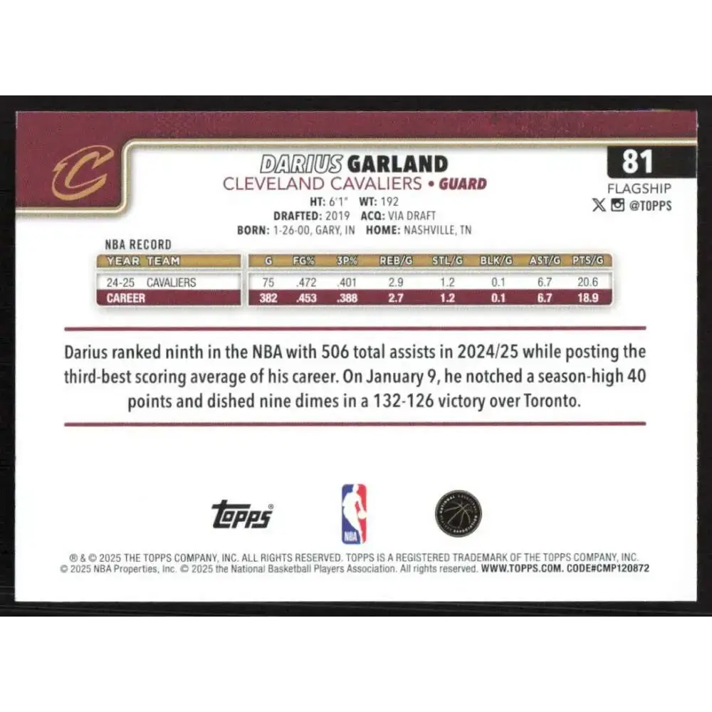 2025-26 Topps #81 Darius Garland NM-MT Cleveland Cavaliers Basketball Card - Basketball Card Single