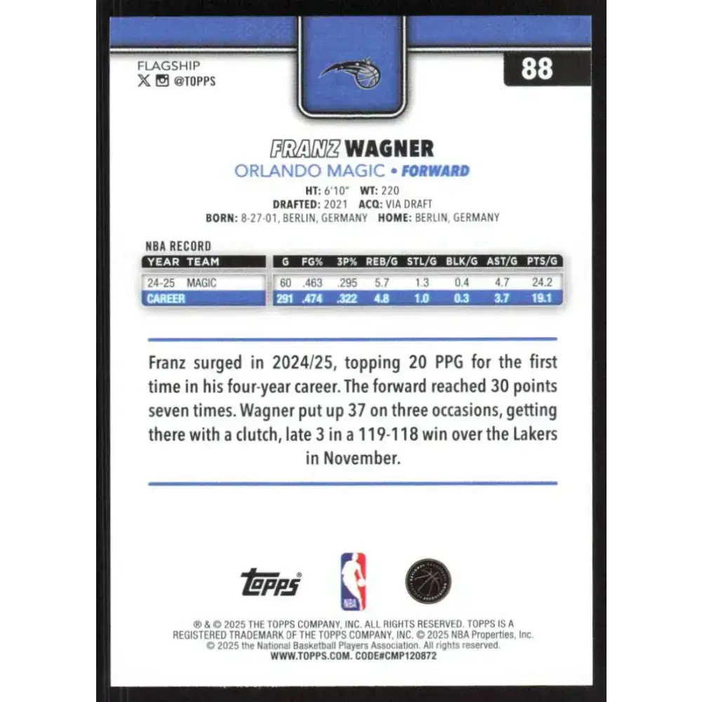 2025-26 Topps #88 Franz Wagner NM-MT Orlando Magic Basketball Card - Basketball Card Single