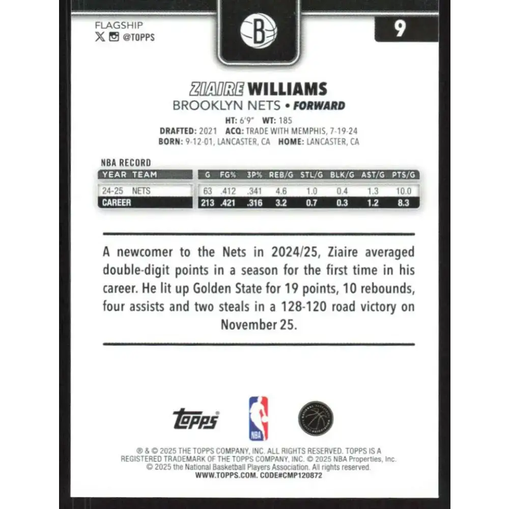 2025-26 Topps #9 Ziaire Williams NM-MT Brooklyn Nets Basketball Card
