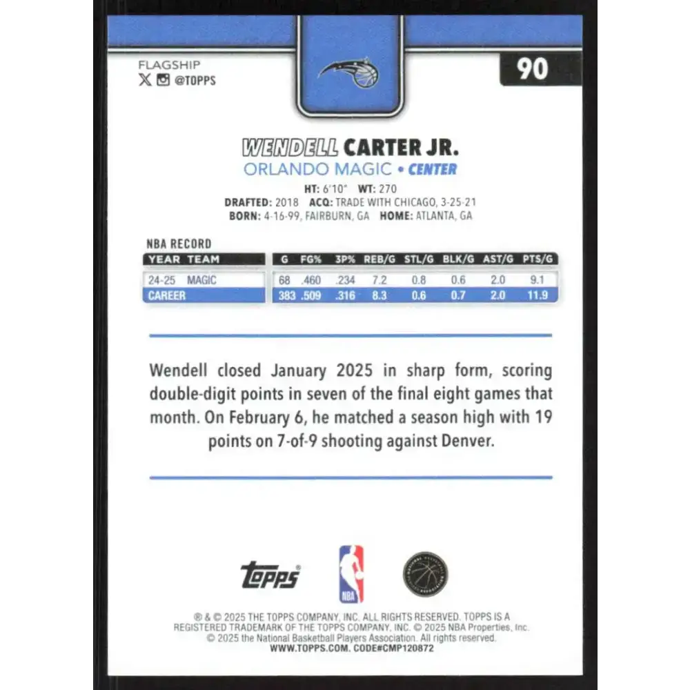 2025-26 Topps #90 Wendell Carter Jr. NM-MT Orlando Magic Basketball Card - Basketball Card Single