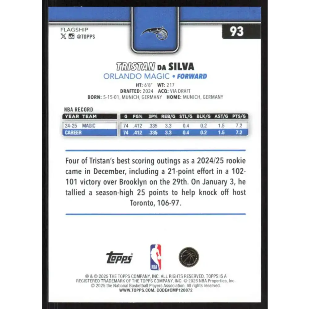 2025-26 Topps #93 Tristan da Silva NM-MT Orlando Magic Basketball Card - Basketball Card Single