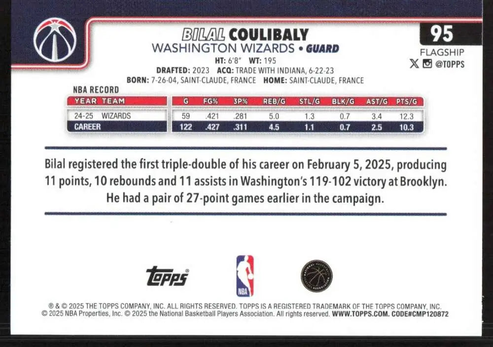 2025-26 Topps #95 Bilal Coulibaly NM-MT Washington Wizards Basketball Card - Basketball Card Single
