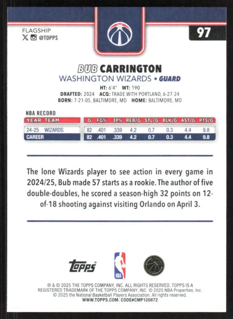 2025-26 Topps #97 Bub Carrington NM-MT Washington Wizards Basketball Card - Basketball Card Single