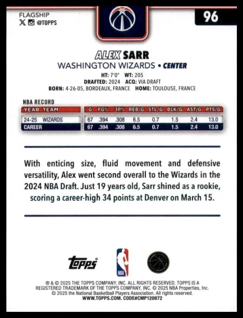 2025-26 Topps Alex Sarr #96 Washington Wizards Basketball Card NBA Sports - Basketball Card Single