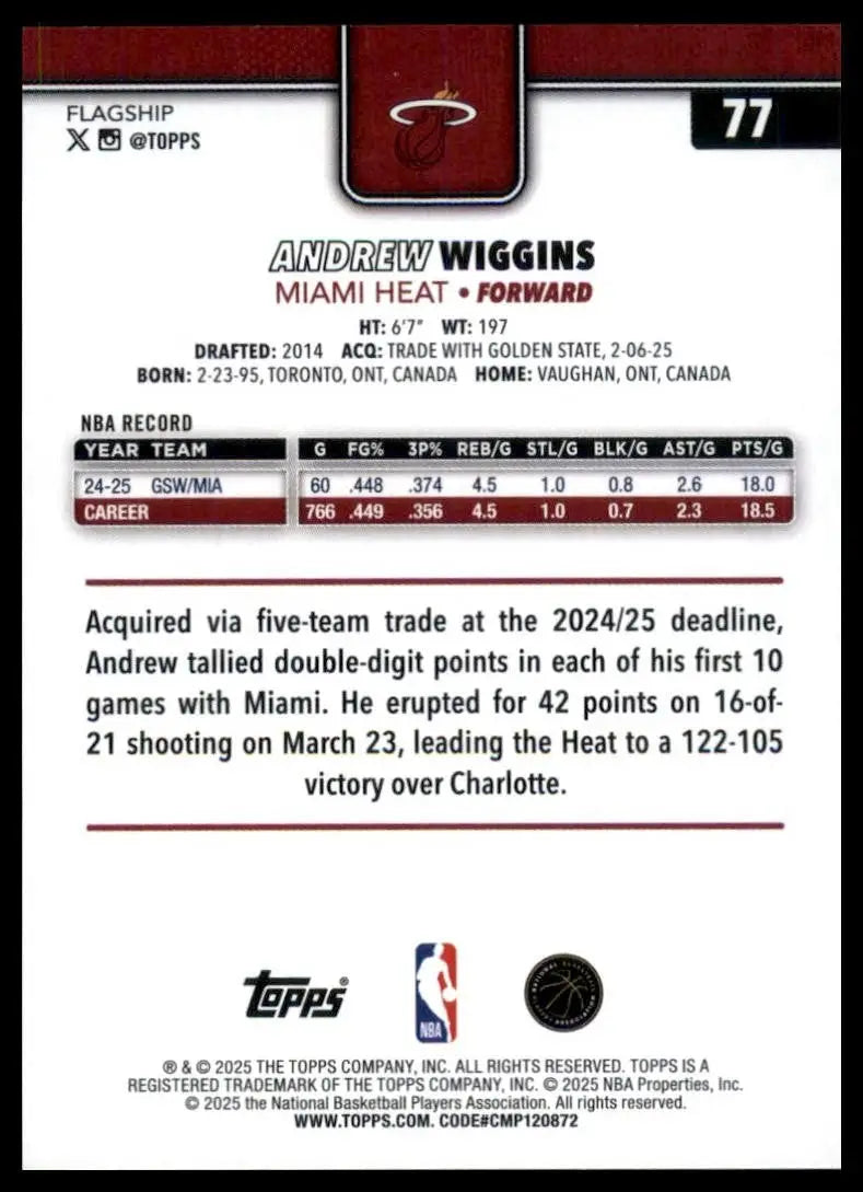 2025-26 Topps Andrew Wiggins #77 Miami Heat Basketball Card NBA Sports - Basketball Card Single