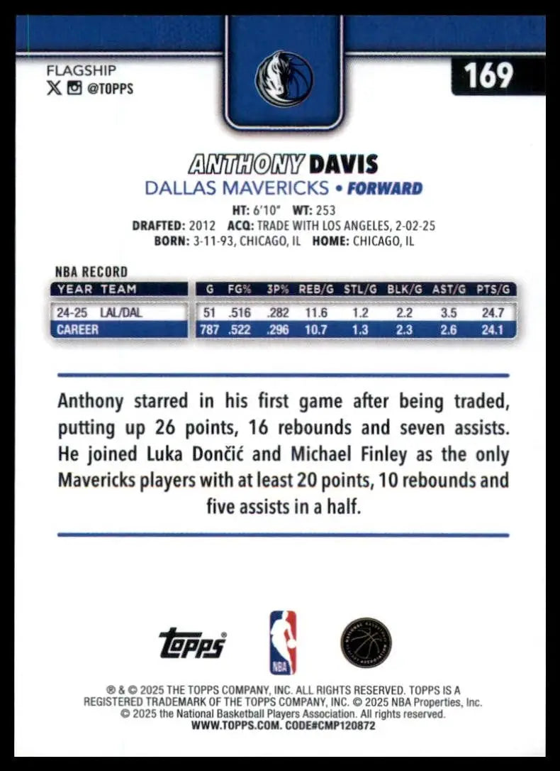 2025-26 Topps Anthony Davis #169 Dallas Mavericks Basketball Card NBA Sports - Basketball Card Single