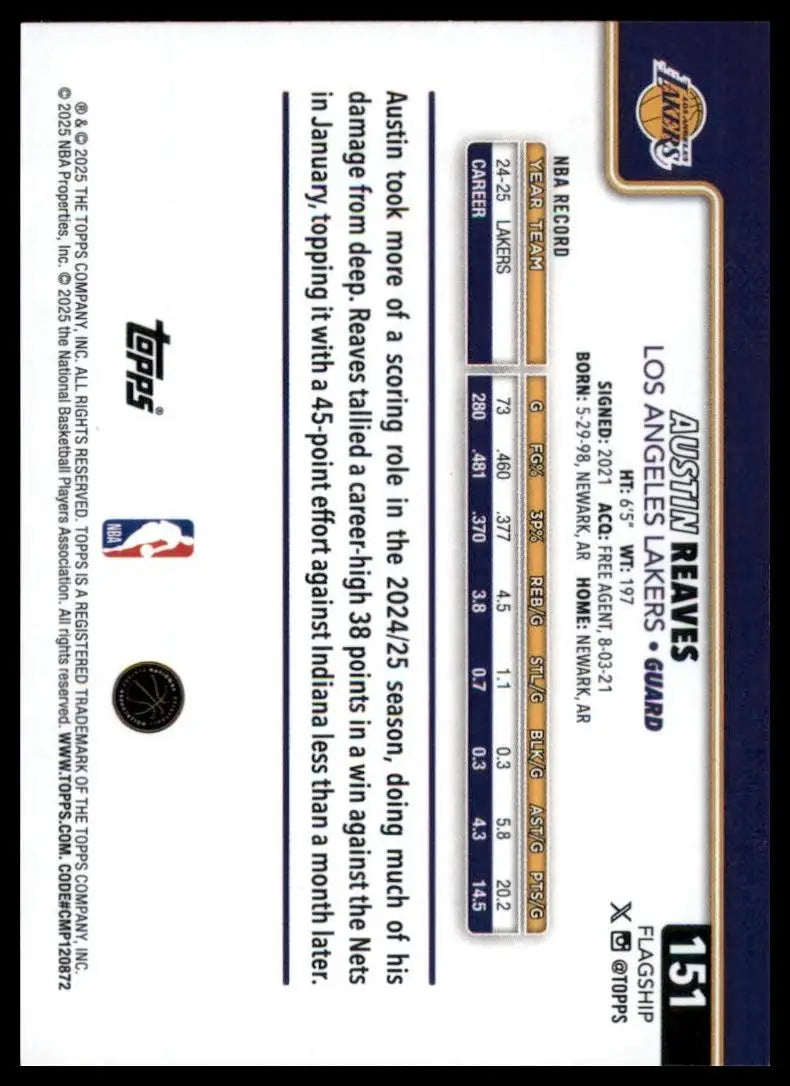 2025-26 Topps Austin Reaves #151 Los Angeles Lakers Basketball Card NBA Sports - Basketball Card