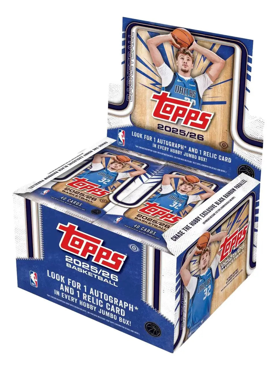 Display box of Topps 2025/26 basketball trading card packs featuring black and red rainbows