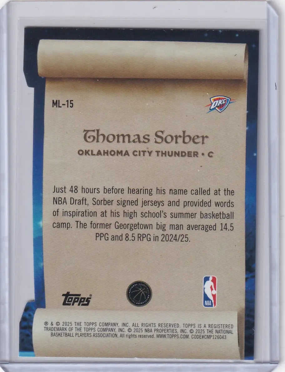 2025-26 Topps Basketball Making the List #ML-15 Thomas Sorber - Thunder - Basketball Card Single