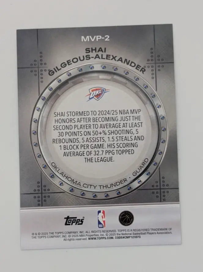 2025-26 Topps Basketball #MVP-2 Shai Gilgeous-Alexander MVP Vault - Basketball Card Single