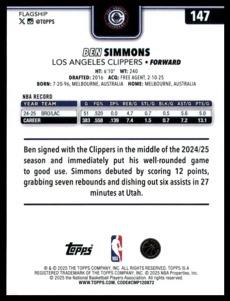 2025-26 Topps Ben Simmons #147 Los Angeles Clippers Basketball Card NBA Sports - Basketball Card