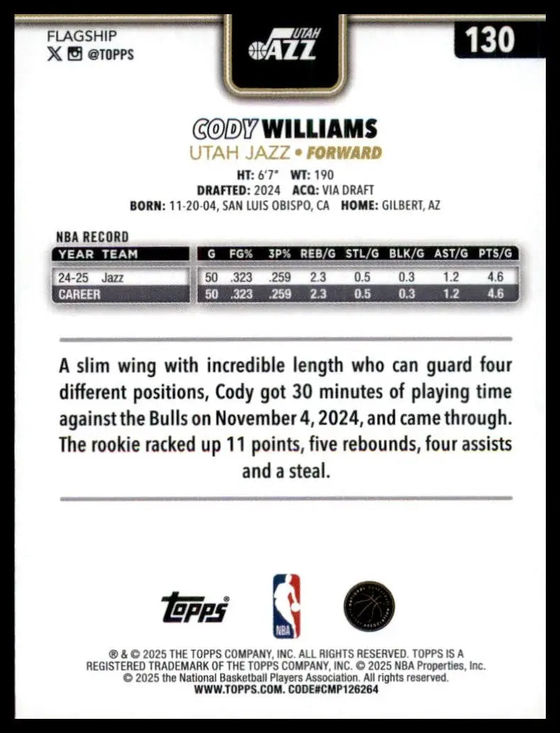 2025-26 Topps Blackout Cody Williams #130 Utah Jazz Basketball Card NBA Sports - Basketball Card Single