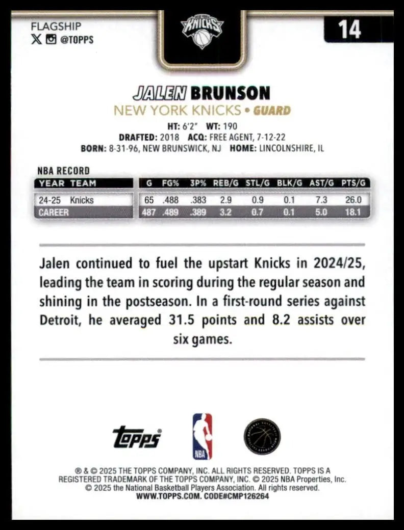 2025-26 Topps Blackout Jalen Brunson #14 New York Knicks Basketball Card NBA