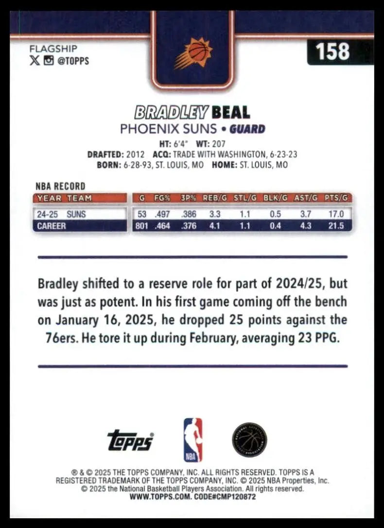 2025-26 Topps Bradley Beal #158 Phoenix Suns Basketball Card NBA Sports - Basketball Card Single