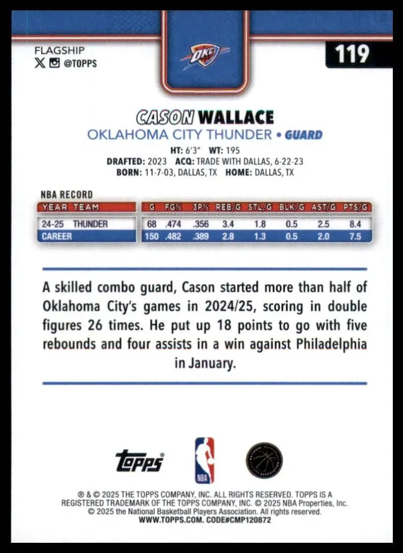 2025-26 Topps Cason Wallace #119 Oklahoma City Thunder Basketball Card NBA Sport - Basketball Card Single