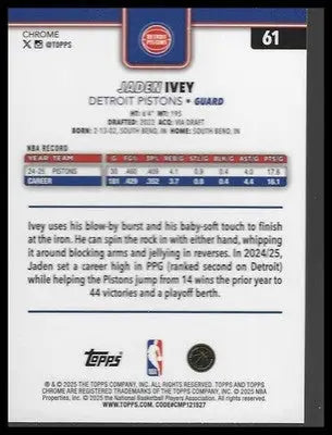 2025-26 Topps Chrome #61 Jaden Ivey - Basketball Card Single