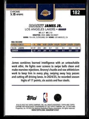 2025-26 Topps Chrome Bronny James Jr. #182 X-Fractors Los Angeles Lakers - Basketball Card Single