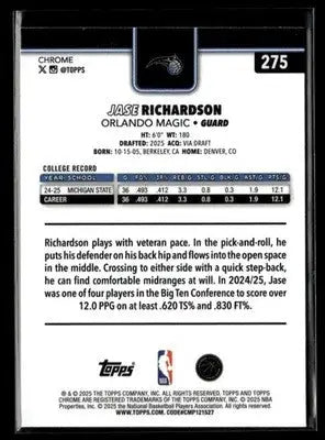 2025-26 Topps Chrome Jase Richardson #275 RC Orlando Magic - Basketball Card Single