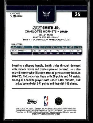 2025-26 Topps Chrome Nick Smith Jr. #26 Charlotte Hornets - Basketball Card Single