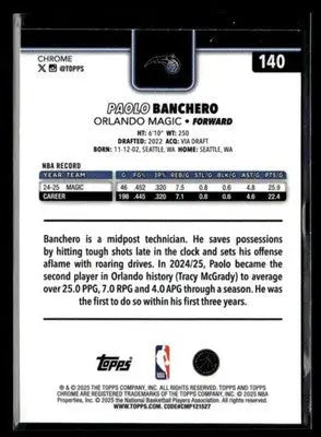 2025-26 Topps Chrome Paolo Banchero #140 Base Orlando Magic - Basketball Card Single