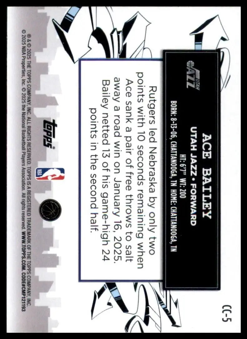2025-26 Topps Clutch City Prospects Ace Bailey Rookie #CC-5 Utah Jazz Basketball - Basketball Card Single