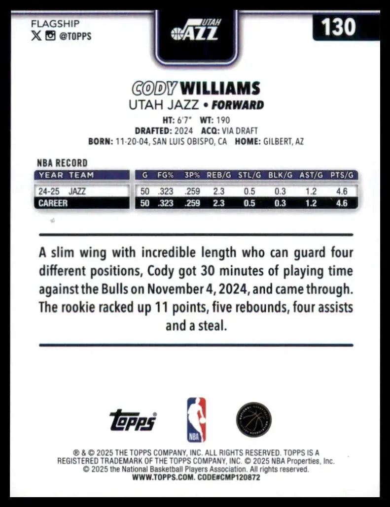 2025-26 Topps Cody Williams #130 Utah Jazz Basketball Card NBA Sports - Basketball Card Single