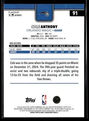 2025-26 Topps Cole Anthony #91 Orlando Magic