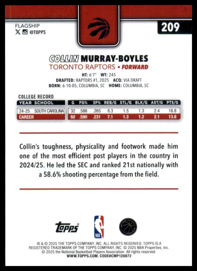 2025-26 Topps Collin Murray Boyles Rookie #209 Toronto Raptors Basketball Card - Basketball Card Single