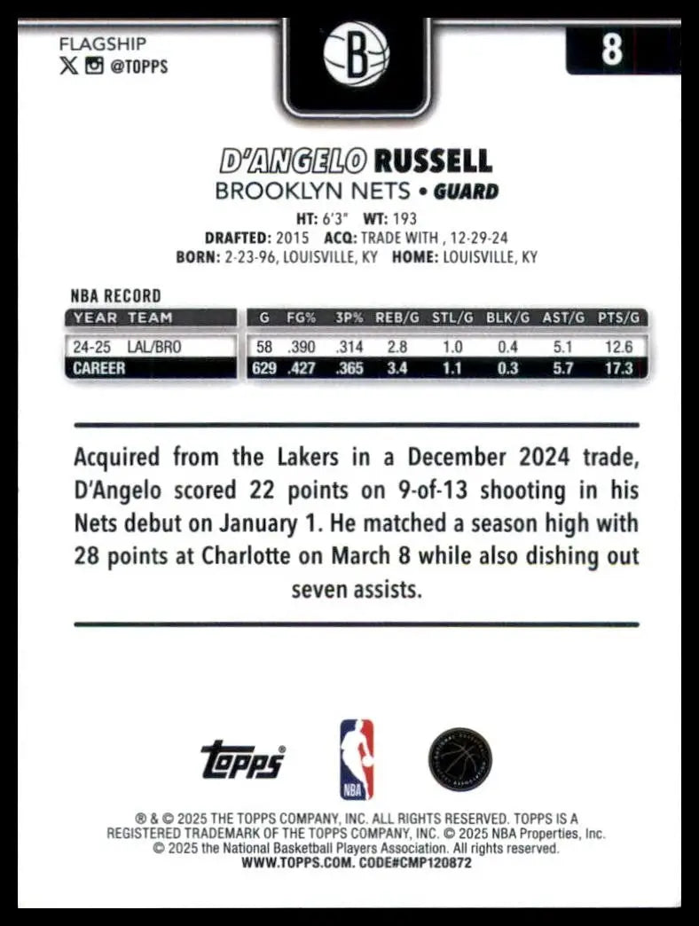 2025-26 Topps DAngelo Russell #8 Brooklyn Nets Basketball Card NBA Sports - Basketball Card Single