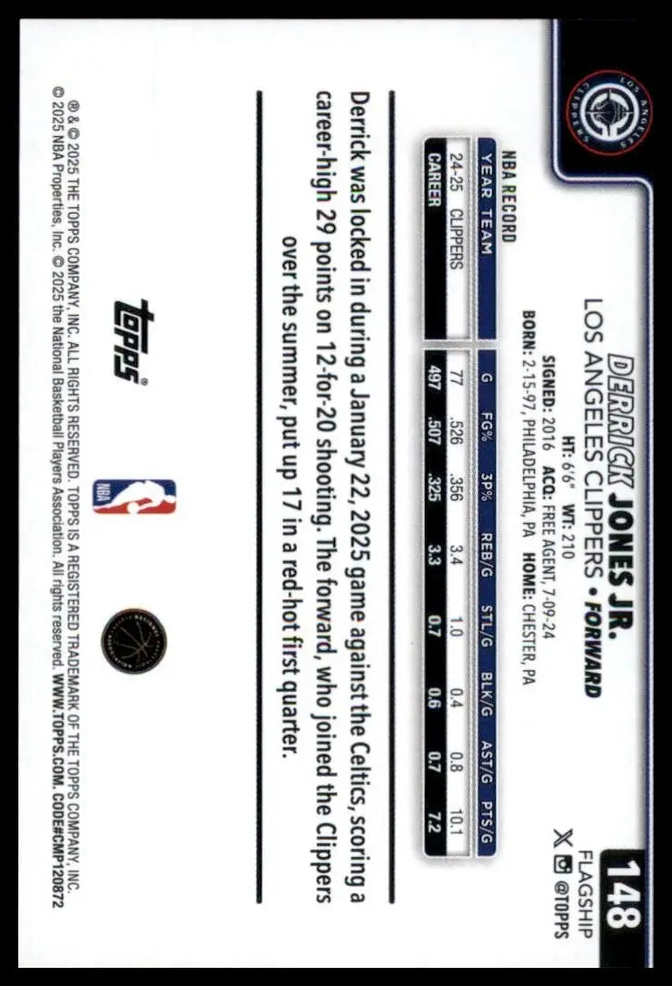 2025-26 Topps Derrick Jones Jr #148 Los Angeles Clippers Basketball Card NBA - Basketball Card