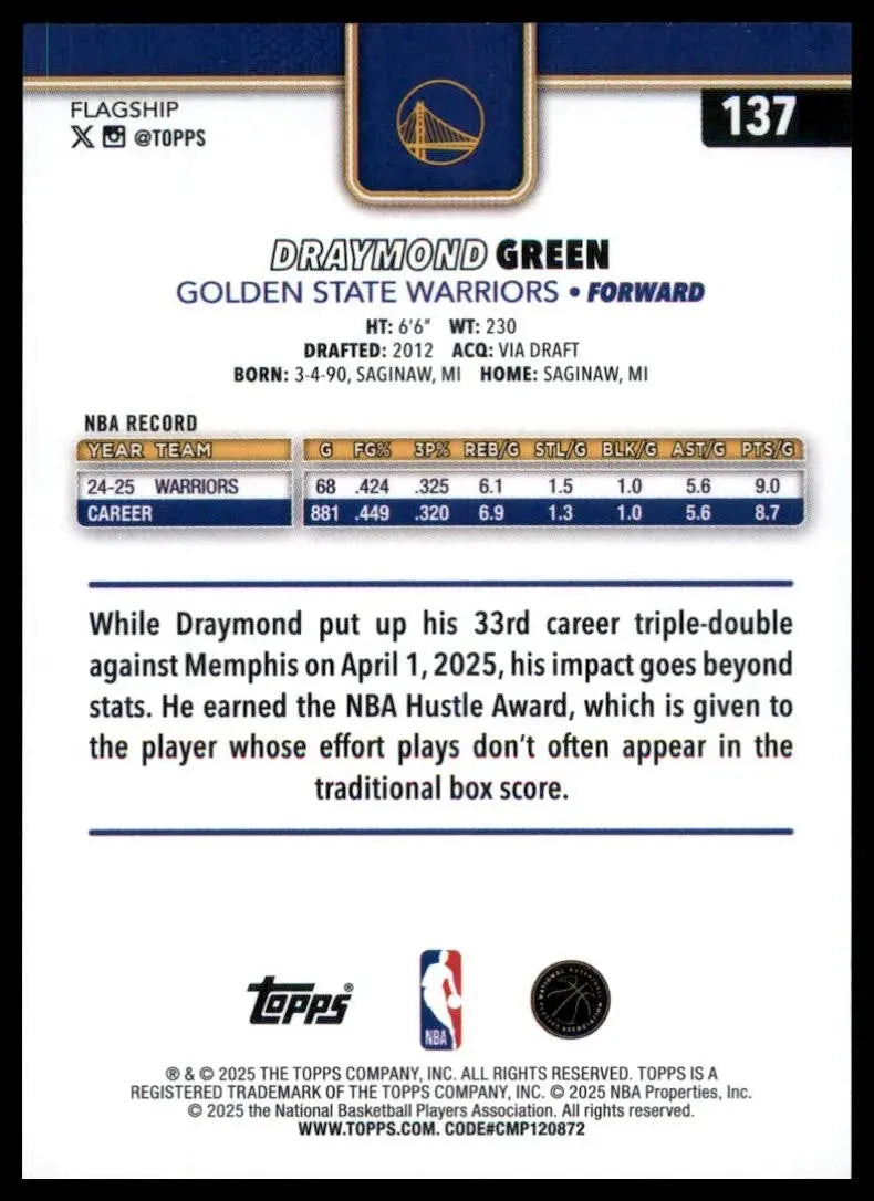 2025-26 Topps Draymond Green #137 Golden State Warriors Basketball Card NBA - Trading Card