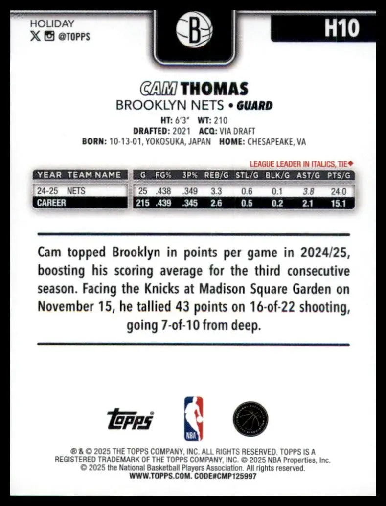 2025-26 Topps Holiday Cam Thomas #H10 Brooklyn Nets Basketball Card NBA Sports - Basketball Card Single