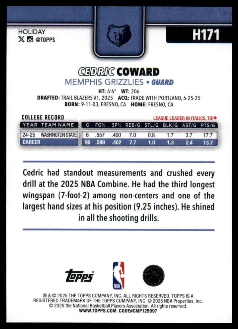 2025-26 Topps Holiday Cedric Coward Rookie #H171 Memphis Grizzlies Basketball - Basketball Card Single