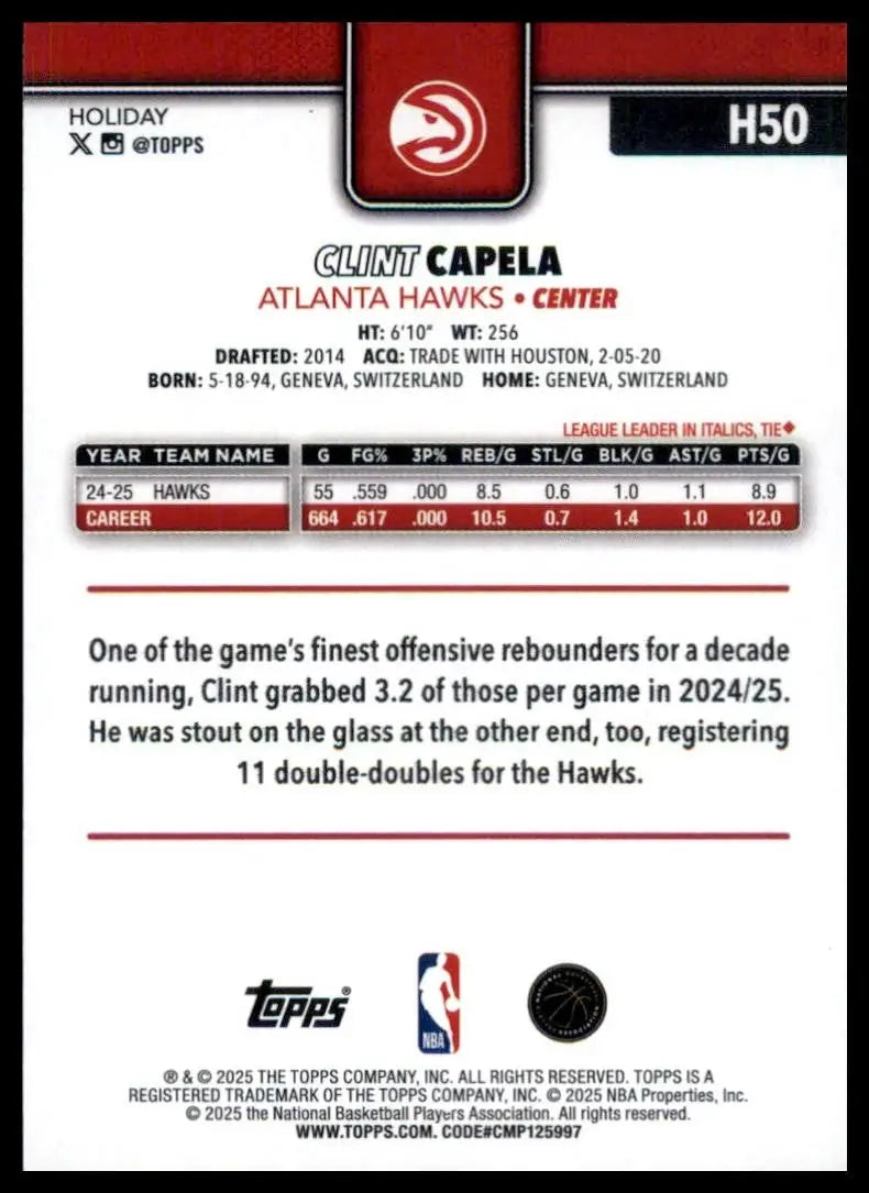 2025-26 Topps Holiday Clint Capela #H50 Atlanta Hawks Basketball Card NBA Sports - Basketball Card Single