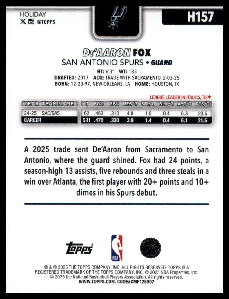 2025-26 Topps Holiday DeAaron Fox #H157 San Antonio Spurs Basketball Card NBA - Basketball Card Single