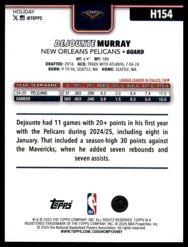 2025-26 Topps Holiday Dejounte Murray #H154 New Orleans Pelicans Basketball Card - Basketball Card Single