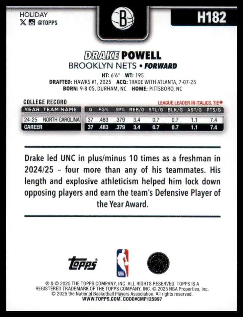 2025-26 Topps Holiday Drake Powell Rookie #H182 Brooklyn Nets Basketball Card - Basketball Card Single