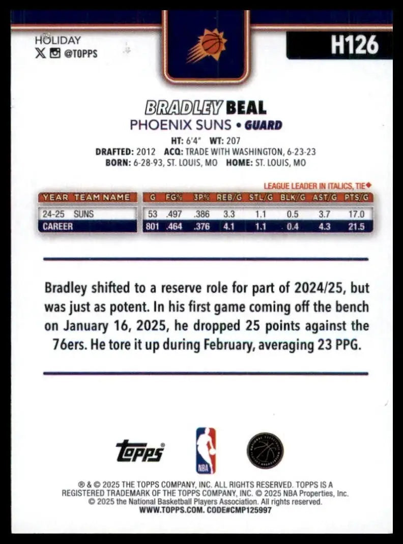 2025-26 Topps Holiday Glitter Bradley Beal #H126 Phoenix Suns Basketball Card - Basketball Card Single