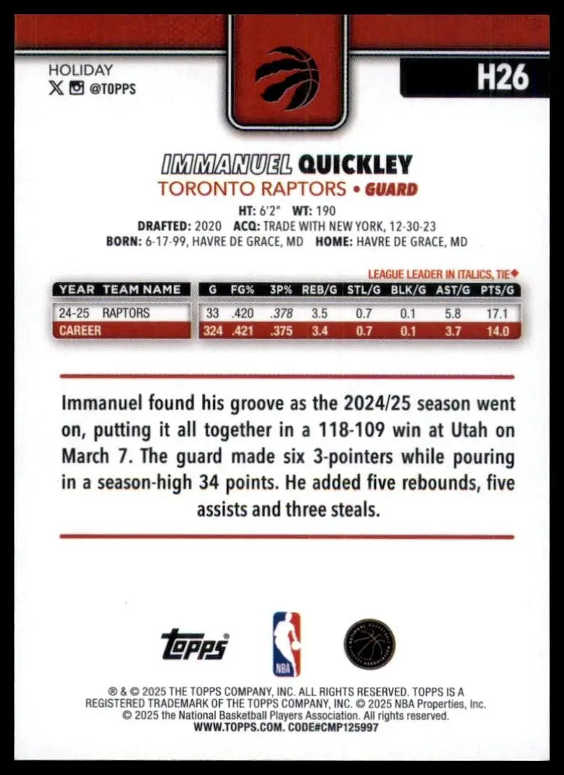 2025-26 Topps Holiday Glitter Immanuel Quickley #H26 Immanuel Quickley Raptors - Basketball Card Single