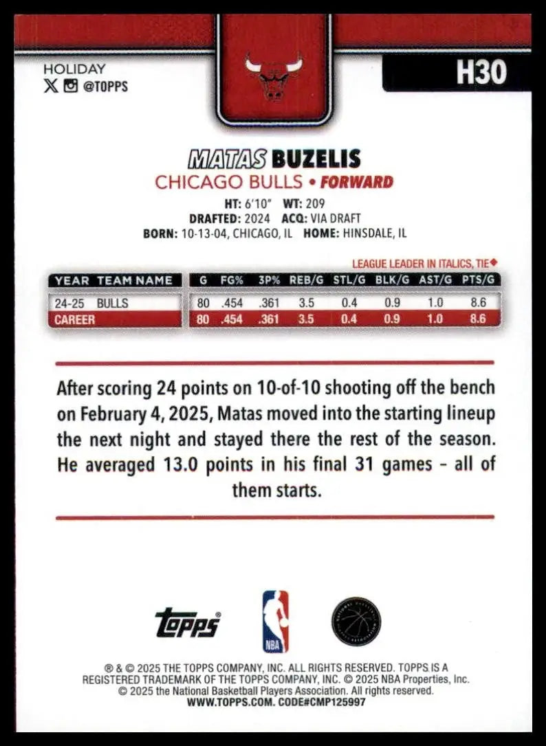 2025-26 Topps Holiday Glitter Matas Buzelis #H30 Chicago Bulls Basketball Card - Basketball Card Single