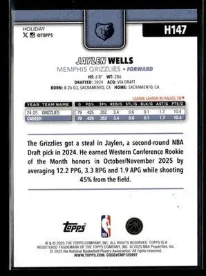 2025-26 Topps Holiday #H147 Jaylen Wells Base Memphis Grizzlies - Basketball Card Single