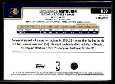 2025-26 Topps Holiday #H39 Bennedict Mathurin - Basketball Card Single