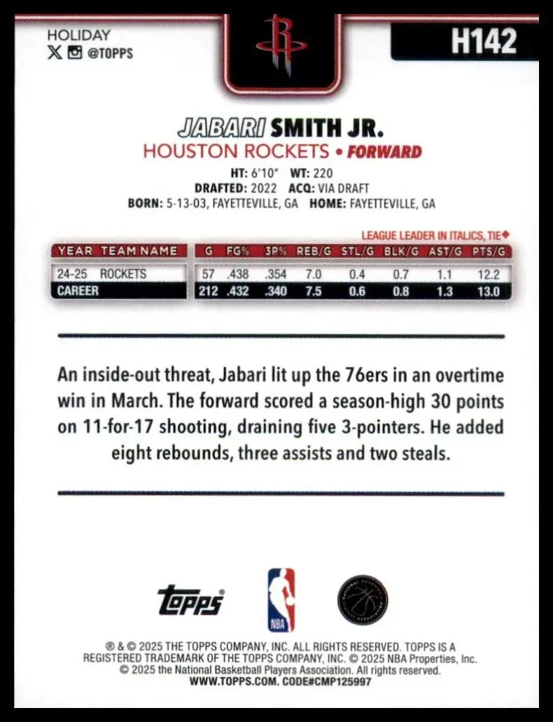 2025-26 Topps Holiday Jabari Smith Jr #H142 Houston Rockets Basketball Card NBA - Basketball Card Single