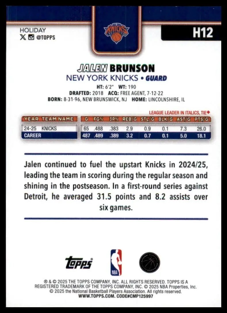 2025-26 Topps Holiday Jalen Brunson #H12 New York Knicks Basketball Card NBA - Basketball Card Single